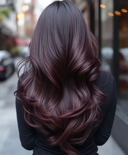 Top 51 Fall Hair Colors for Dark Hair: Bold & Beautiful Ideas - AskNaij Dark Brunette Hair Almost Black, Chocolate Burgundy Hair Color, Expresso Hair Colors, Dark Purple Brown Hair, Cherry Highlights On Dark Hair, Eggplant Hair Color Dark, Dark Mahogany Hair Color, Dark Hair With Red Undertones, Reddish Black Hair