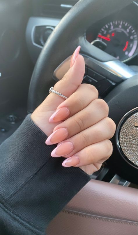 Light Pink With French Tip Nails, Light Pink French Almond Nails, Pink French Tip Nails Ballerina, Oval Nails Pink French Tip, Light Pink French Tip Nails Almond Short, Nude Pink French Tip Nails, Pale Pink French Tip Nails, Pink Almond French Nails, Almond Nails Light Pink