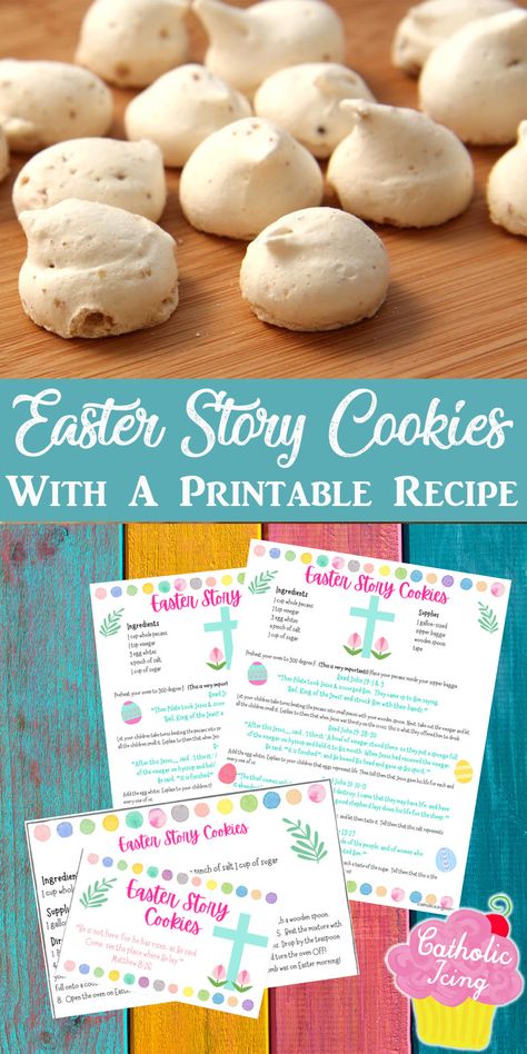 This printable recipe for Easter story cookies (Aka resurrection cookies) is perfect for turning children towards the true meaning of Easter! Get your printable Easter story cookie recipe here along with a recipe card, table display card, plus all the Scripture is included in the directions of making the cookies. #easter #christianeaster #biblesnacks #bibleforkids #easterforkids #meaningfuleaster #christian #catholic #holyweek #holysaturday #holyweekrecipe Resurrection Cookies, Scripture Cookies, Easter Desserts Cake, Forgotten Cookies, Easter Lessons, Easy Easter Treats, Easter Snacks, Easter Brunch Food, Easter Morning