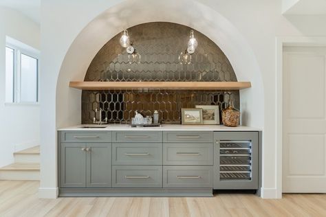 ENCHANTED — Chizen and Co. Dining Room Wet Bar, Small Wet Bar, Built In Wet Bar, Wet Bar Designs, Dining Room Built In, Kitchen Wet Bar, Bar Nook, Oak Shelf, Pantry Remodel