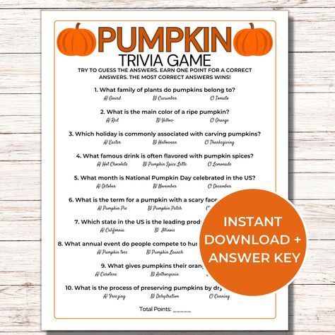 "Have fun with this printable Pumpkin Trivia game. It is a fun fall game to play with friends and family this autumn season! This fall trivia is perfect for all ages and comes with ANSWERS. This is a digital download. No Physical product will be sent. This item is not editable. Included:  * 1 US letter game card  * 5\"x7\" game cards (2 per page on US letter) * Answer key Instructions: * Download your game from the email Etsy will send you or from the purchases section of your Etsy account * Print your game (print and cut out if using 5\"x7\" game card) * Have fun playing * Contact me if you have any questions about this item" Fall Party Activities, Fall Trivia, Halloween Things To Do, Pumpkin Games, Pumpkin Night, Fall Harvest Party, Famous Drinks, Play With Friends, Fall Games