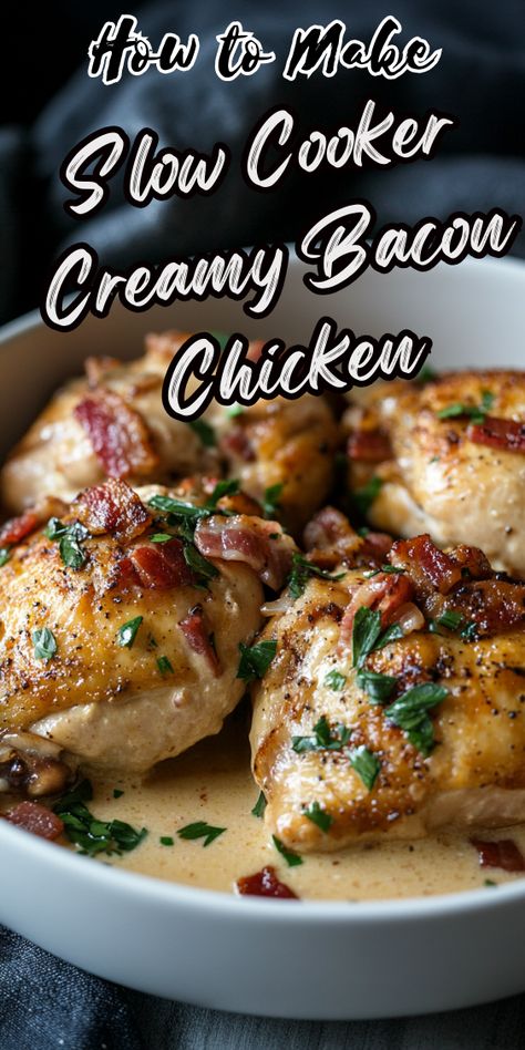 Slow Cooker Creamy Bacon Chicken Crockpot Chicken Bacon Recipes, Chicken And Bacon Crockpot Recipes, Bacon Alfredo Sauce Recipe, Chicken Bacon Ranch Potato Crockpot, Slow Cooker Creamy Bacon Chicken, Crockpot Chicken Bacon, Slow Cooker Chicken Bacon Ranch, Creamy Bacon Chicken, Chicken Bacon Recipes