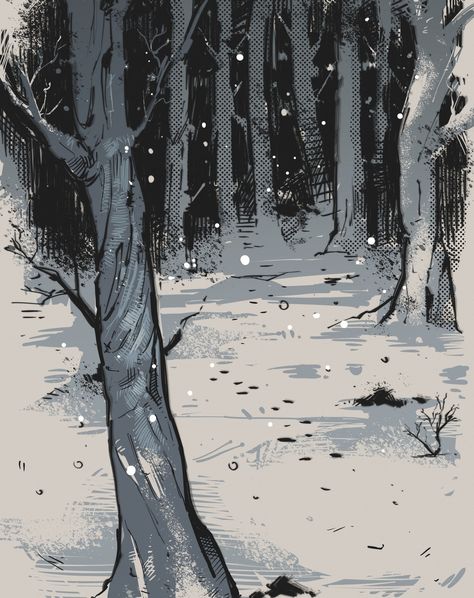 Forest #art #drawing #sketch #comicstyle #digital #darkart Snowy Forest Drawing, Spooky Forest Illustration, Snow Forest Art, Snowy Forest Art, Tundra Drawing, Forest Art Drawing, Forest Drawing Easy, Drawing Snow, Landscape References