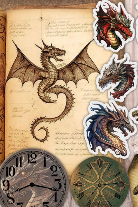 Medieval Dragon Junk Journal Printable kit: Paper, Pages, Ephemera, Pockets and envelopes Dragon Stickers Printable, Diary Aesthetics, Dragon Inspiration, Dragon Stickers, Website Layouts, Medieval Dragon, Album Scrapbooking, Journal Printable, Dragon Scale