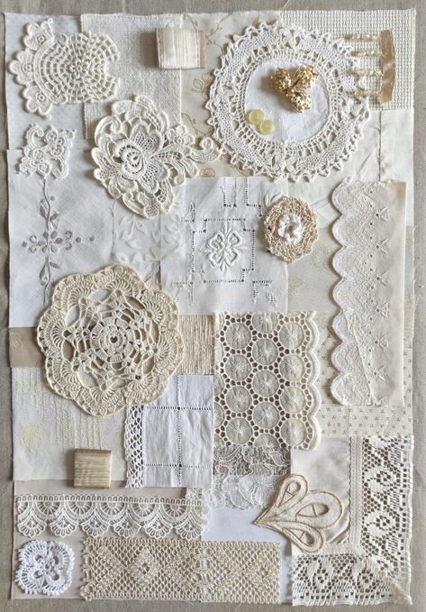 Lace Collage, Vintage Handkerchiefs Crafts, Handkerchief Crafts, Doily Art, Crazy Quilts Patterns, Patchwork Embroidery, Doilies Crafts, Textile Art Embroidery, Scrap Fabric Crafts