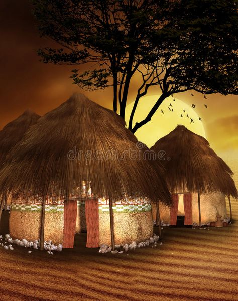 Village Illustration, African Hut, African Village, Black Power Art, Sunset Canvas Painting, African Tattoo, African Life, African House, African Artwork