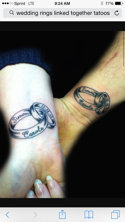 Wedding rings Spouse Tattoos Marriage, Soulmates Tattoo, Married Couple Tattoos Unique Love, Wedding Tattoo Ideas, Husband And Wife Tattoos Unique, Ehe Tattoo, His And Her Tattoo Ideas, Wedding Date Tattoos, Married Couple Tattoos