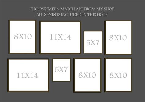 gallery wall with matching art | Mix and Match Art, Gallery Wall - Set of 8, Mixed Sizes, Choose any ... Frame Wall Layout, Gallery Layout, Gallery Wall Template, Match Art, Hallway Gallery, Wall Layout, Picture Gallery Wall, Frame Layout, Gallery Wall Layout