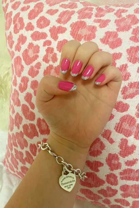 Hot Pink And Silver French Tip Nails, Hot Pink Nails French Tip, Hot Pink And Silver Nails, Silver Glitter French Tip, Pink Nails French Tip, Pink Nails French, French Tip Gel, Nails Hot Pink, Glitter French Tip