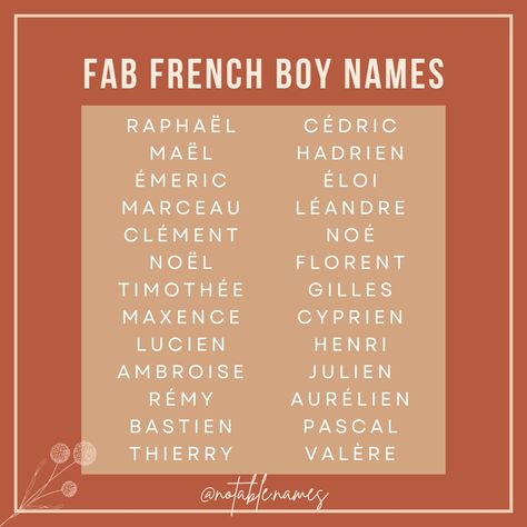 I've already given you Fab French Girls, so please give it up for these handsome boys names! These of course all sound best in a lovely French accent, but gosh would you just look at them!? Stunning. I love a French name, I love the way they look and sound, and all of the little accents really make the names feel fancier than their English counterparts. There's just something about French names that feel fancy and romantic. #frenchnames #boynames #babyboynames #babynameinspo #babynameideas ... Fancy Names Boys, Cute French Names, French Names Male, French Names Aesthetic, French Names Boys, French Boy Names, French Last Names, French Boys Names, French Name