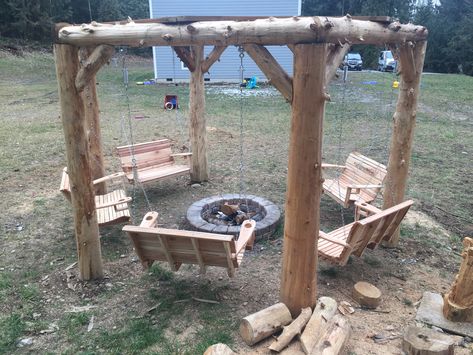 Backyard Updates, Make A Fire Pit, Outdoor Fire Pit Area, Fire Pit Swings, Outdoor Pallet, Fire Pit Landscaping, Cedar Log, Pallet Bar, Outdoor Pavilion