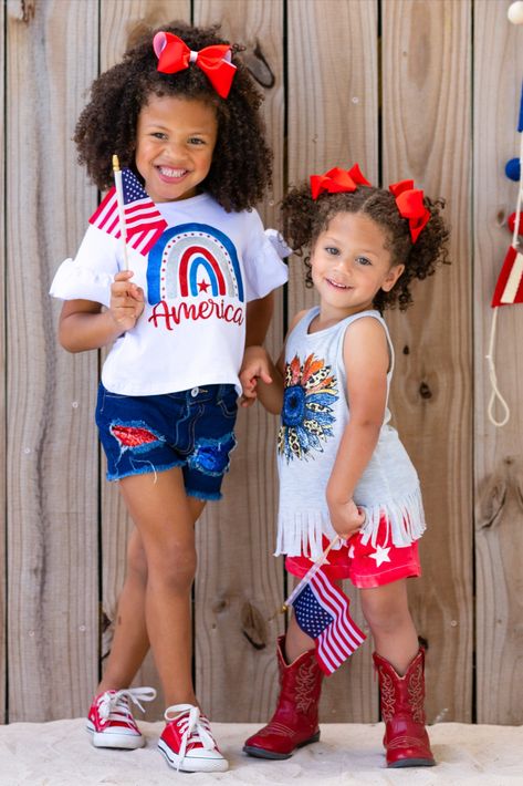 Image featuring two girls wearing coordinating 4th of July outfits, showcasing their individual styles and the bond of friendship. Picture of two friends dressed in red, white, and blue outfits, radiating joy and happiness as they celebrate the 4th of July together. Showcasing the spirit of unity and friendship during the holiday celebrations. July Outfits, July Fashion, Mommy And Me Dresses, Coordinating Outfits, 4th Of July Outfits, Adventure Style, Summer Favorites, Swimsuit Dress, Two Girls