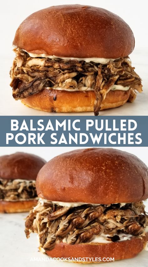 Balsamic Pulled Pork Sandwiches - Amanda Cooks & Styles Balsamic Pulled Pork, Pork Sandwich Recipes, Slow Cooked Pulled Pork, Pulled Pork Sandwiches, Balsamic Pork, Pulled Pork Sliders, Pork Sandwiches, Yummy Fall Recipes, Pork Sliders