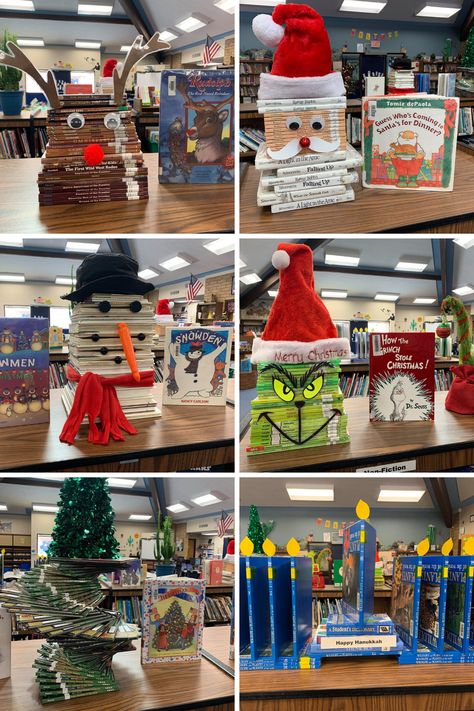 School library book stacking display for Rudolph, Santa, snowman, the Grinch, Christmas tree, and Hanukkah. These are such cute decorations for the library around the holidays! Library Decorations For Christmas, Christmas Tree In Library, Snowman Book Stack, Book Stack Christmas, Christmas Display School, Christmas Decor Ideas For Library, Bookstore Christmas Displays, Elementary Library Christmas Decorations, Christmas Display Library