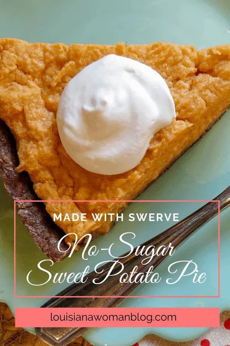 A Sweet potato pie made with Swerve sweetener for a low glycemic index that's delicious and helpful to those with sugar sensitivities. You'll never guess it's made without white sugar. #nosugarsweetpotatopie Low Carb Sweet Potato Pie, Keto Sweet Potato Pie Recipes, Keto Sweet Potato Pie, Sugar Free Sweet Potato Pie, Crustless Sweet Potato Pie, Healthy Sweet Potato Pie, Low Carb Pecan Pie, Keto Pies, Low Carb Sweet Potato