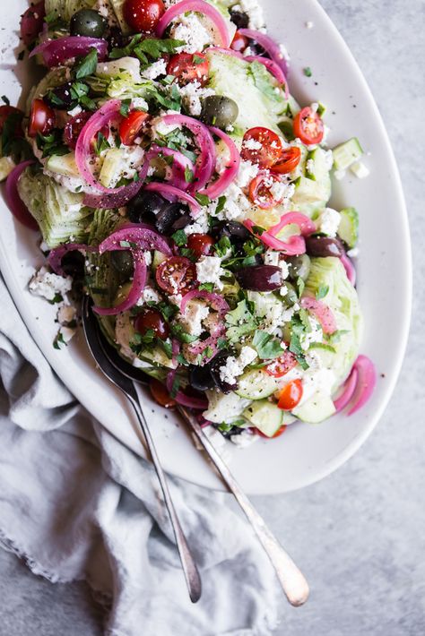 We love a good wedge salad, but a mediterranean wedge? That's what dreams are really made of. Feta Dressing, Stomach Rumbling, Best Salad Dressing, Quick Pickled Red Onions, Side Salads, Salad Inspiration, Wedges Recipe, Creamy Feta, The Modern Proper