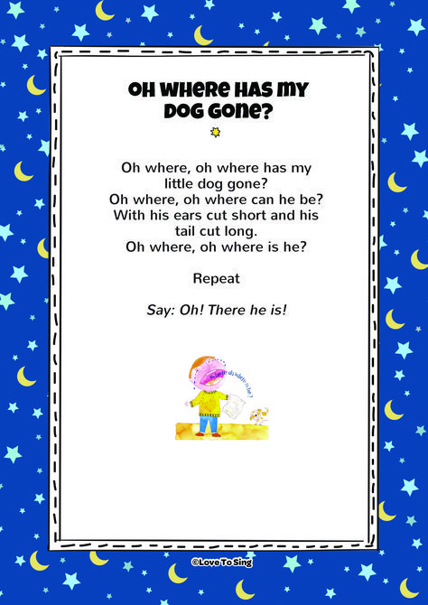 Oh Where Has My Little Dog Gone?  Song with FREE downloadable lyrics | Nursery Rhymes songs for kids Dog Songs Preschool, Camping Songs, Daycare Songs, Kids Nursery Rhymes Songs, Height Board, Video Song Lyrics, Preschool Pets, Children Rhymes, Daycare Schedule