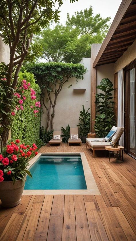 Small Villa Design With Pool, Small Home With Garden, Small Houses With Pools, Small Garden With Small Pool, Terrace Wooden Floor, Villa Pool Design, Small Villa With Pool, Pool Area Ideas, Cozy Courtyard