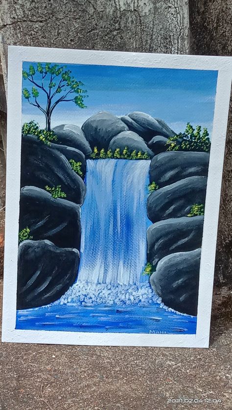 Waterfalls Drawing, Waterfall Drawing, Love Canvas Painting, Nature Canvas Painting, Seni Pastel, Waterfall Paintings, Easy Acrylic Painting, Canvas Drawing, Art Basics