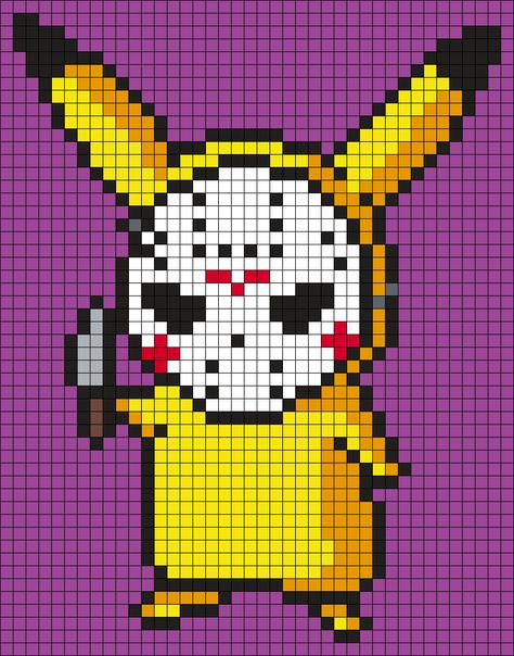 Pikachu In A Jason Voorhees Mask Perler Bead Pattern / Bead Sprite Jason Voorhees Mask, Image Pixel Art, Pokemon Cross Stitch, Modele Pixel Art, Piskel Art, Pixel Art Pokemon, Pokemon Perler Beads, Perler Art, Pixel Art Templates