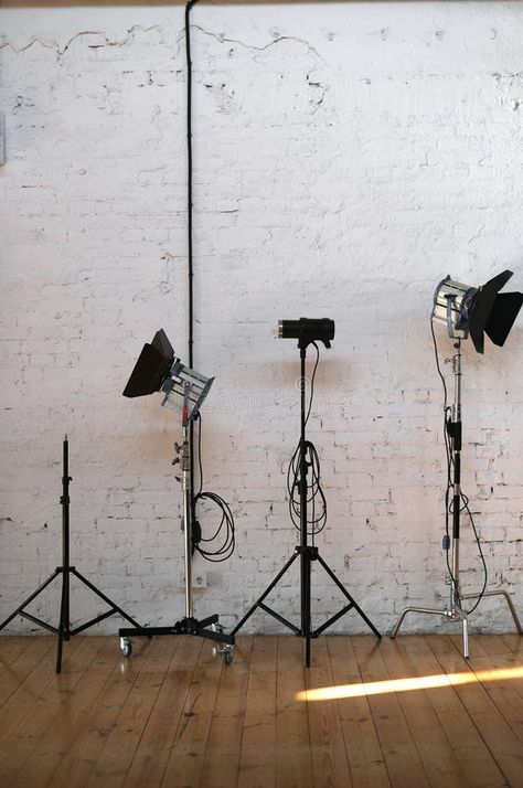 Equipment in a photo studio on a background of a brick wall royalty free stock photography Photography Studio Set Up Ideas, Photography Studio Setup Small Spaces, Studio Set Up Ideas, Flow Photography, Photography Studio Setup, Piping Design, White Camera, A Brick Wall, Brick Wall Background