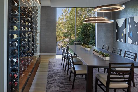 Wood Table Chairs, Small Sitting Areas, Wine Rooms, Interior Design Dining, Dark Wood Table, Modern Home Interior, Hidden Lighting, A Modern House, Home Wine Cellars