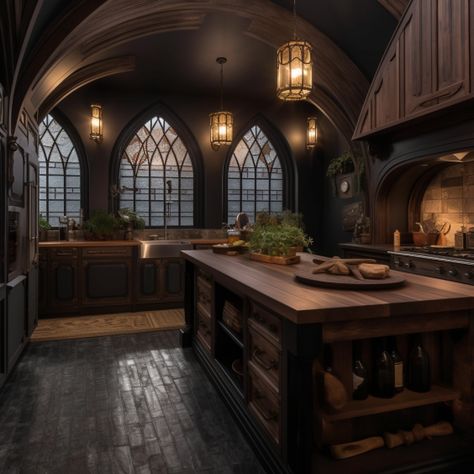 Dark Goth Interior Design, Victorian Gothic Decor Kitchen, Gothic Kitchen Design, Black Gothic Kitchen, Castle Themed House, Dark Themed Interior Design, Gothic Cottagecore Kitchen, Victorian Interior Design Kitchen, Dark Acedamia House Interior