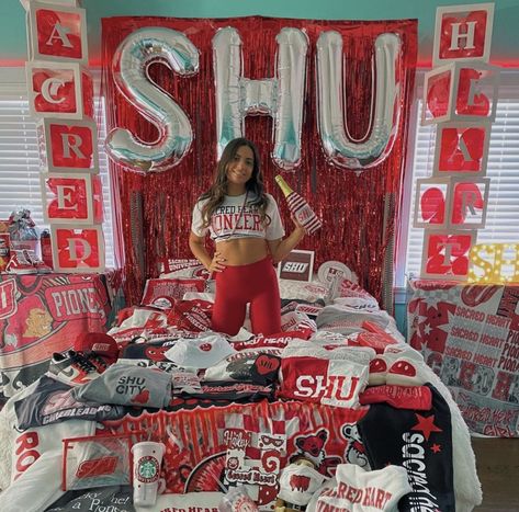 Sacred Heart Bed Party, Sacred Heart University Bed Decorating, College Bed Party, Class Of 2027, Sacred Heart University, College Announcements, College Bed, Red College, Bed Party