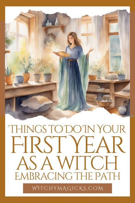 Embark on your journey as a witch with confidence and clarity. Discover essential practices, rituals, and tips to help you embrace the craft in your first year. From learning the basics of spellwork to connecting with nature and celebrating the Wheel of the Year, this guide is perfect for beginners seeking to fully embrace their magical path.  #NewWitch #WitchcraftForBeginners #FirstYearWitch #EmbraceTheCraft #WitchyWisdom #SpiritualJourney #WitchLifeTips #Witchcraft #WitchyMagicks Witchcraft Wheel Of The Year, Celtic Paganism For Beginners, Pagan For Beginners, First Of The Month Rituals Witch, Witch Rituals For Beginners, Witch Books For Beginners, Things To Research As A Beginner Witch, Witchy Hobbies, Witch Tips For Beginners