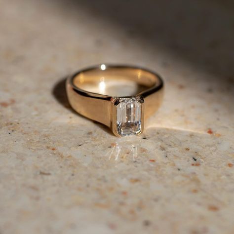 Emerald Cut Men Wedding Ring Half Bezel Set Solitaire Moissanite Engagement Ring Signet Engagement Rings, Elongated Cushion Cut Engagement Ring, Mens Engagement Rings Diamond, Half Bezel, Cute Engagement Rings, Future Engagement Rings, Art Deco Wedding Rings, Classic Wedding Rings, Alternative Style