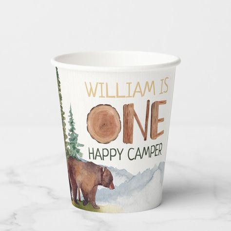 Personalized One Happy Camper Woodland Bear Paper Cups  Zazzle Woodland 1st Birthday, Teddy Bear Centerpieces, One Happy Camper, Watercolor Woodland, Woodland Bear, Birthday Paper, Watercolor Birthday, Under The Sea Theme, Boy Birthday Invitations