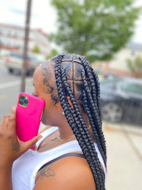 Large Knotless Box Braids Middle Part, Knotless Braids Hairstyles 2024, Jumbo Tribals With Knotless Braids, Scalp Braids With Knotless, Puzzle Part Knotless Braids, Large Triangle Knotless Braids, Freestyle Knotless Braids, Pineapple Braids, Med Knotless