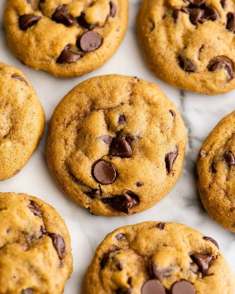 These pumpkin chocolate chip cookies are chewy on the outside and soft on the inside. They're perfectly sweet with just the right amount of cozy fall spices! These chocolate chip pumpkin cookies are easy to make, and will become your new favorite fall cookie recipe! Kroger Pumpkin Chocolate Chip Cookies, Easy Pumpkin Chocolate Chip Cookies, Pumpkin Chocolate Chip Cookies Easy, Chocolate Chip Pumpkin Cookies, Soft Pumpkin Cookies, Fall Cookie Recipes, Homemade Pumpkin Pie, Pumpkin Chocolate Chip, Pumpkin Chocolate Chip Cookies