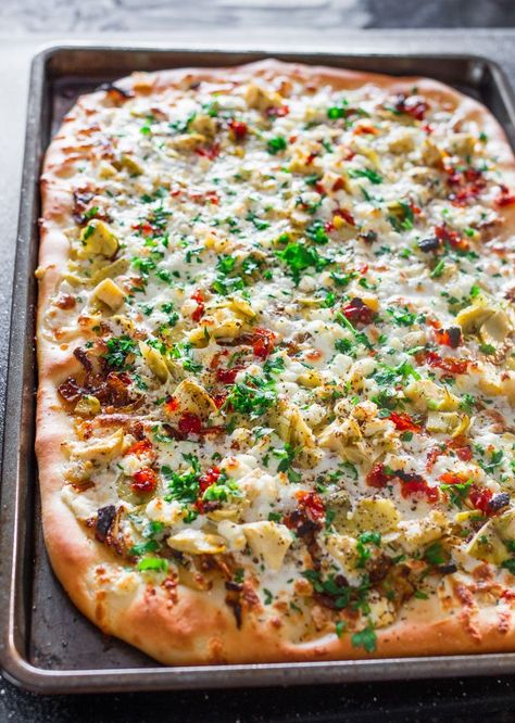 Artichoke, Sun Dried Tomatoes and Goat Cheese Pizza Goat Cheese Pizza Recipes, Tomatoes And Goat Cheese, Goat Cheese Pizza, Jo Cooks, Goat Cheese Recipes, Craving Pizza, Homemade Pizza Dough, Pizza Recipes Homemade, Flatbread Pizza