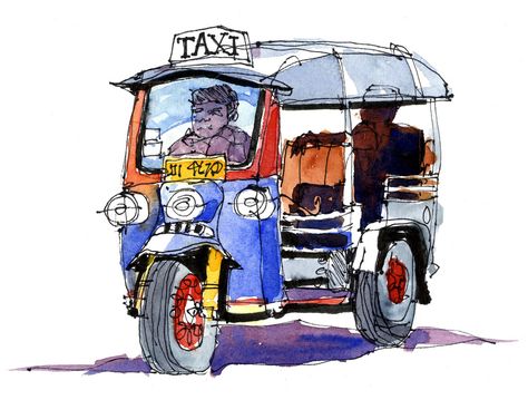 James Richards, Coffee Cup Art, Tuk Tuk, Thai Art, Bullet Journal Art, Urban Sketchers, Pen And Watercolor, Automotive Art, Urban Sketching