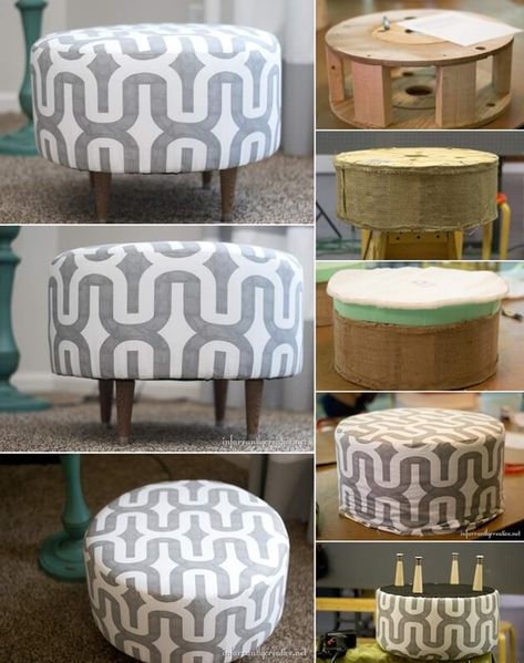 What To Do With Old Wire Spools 3 Otomanas Ideas, Kursi Ban, Wire Spools, Diy Ottoman, Reupholster Furniture, Upholstery Diy, Dekor Diy, Diy Furniture Projects, Repurposed Furniture