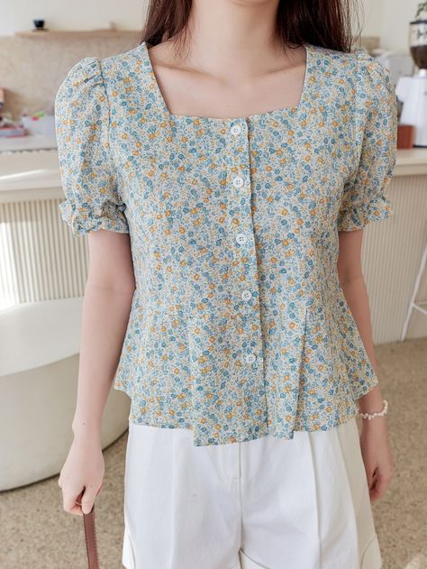 Multicolor Boho  Short Sleeve Cotton Ditsy Floral Peplum Embellished Non-Stretch  Women Tops, Blouses & Tee Peplum Top Outfits Casual, Satin Top Outfit, Peplum Top Outfits, Office Tops, Cotton Suit Designs, Vintage Floral Blouse, Cotton Tops Designs, Embroidered Tops, Cotton Blouse Design