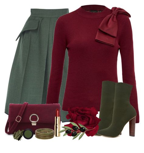 Olive and maroon by joyfulmum on Polyvore featuring polyvore fashion style Ted Baker Edeline Lee Steve Madden H&M Real Purity Bobbi Brown Cosmetics clothing Edeline Lee, Colour Season, Dice Kayek, Denim Bag Diy, Green Outfits, Plus Size Fall Fashion, Cartoon Pictures, Green Outfit, Line Skirt