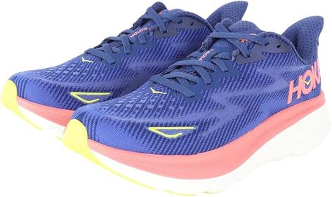 Amazon.com | Hoka Clifton 9 Wide Women's Running Shoes Blue Pink, Evening Sky Coral, 38 | Road Running Clifton 9, Hoka Clifton, Trendy Boots, Evening Sky, Shoes Blue, High Knees, Road Running, Blue Shoes, Womens Running Shoes