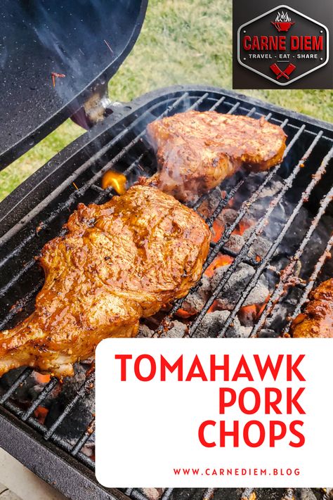 Kansas City Tomahawk Style Pork Chops - Carne Diem Tomahawk Pork Chop Recipe, Pork Chop Grilled, Tomahawk Pork Chop, Marinated Pork Chops Grilled, Grilled Pork Chops Marinade, Bone In Pork Loin, Beer Bbq Sauce, Mexican Grilled Chicken, Pork Rib Roast