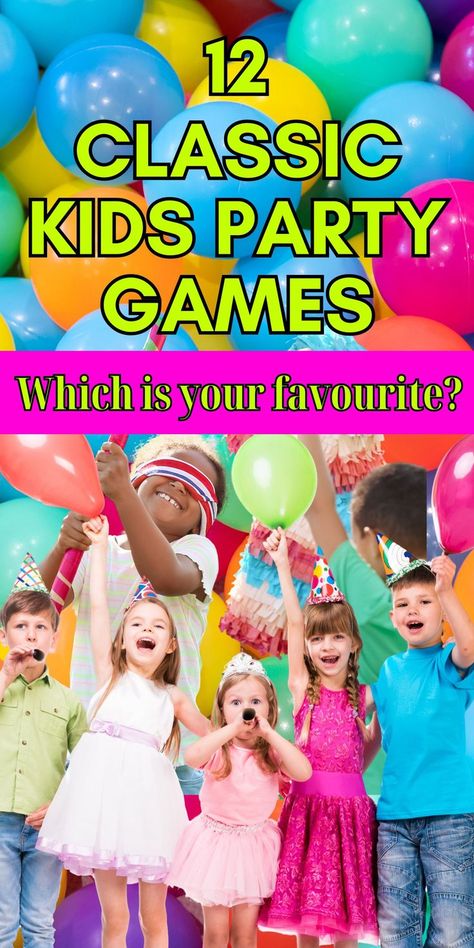 These 12 classic kids party games have stood the test of time! Generations of children have laughed and smiled while playing these fun group games perfect for a kids birthday party or any celebration. This list has everything you need for planning activities at your next kids party. Classic party games like musical chairs, pass the parcel, egg and spoon race, balloon relay race, pin the tail on the donkey. Active engaging games easy to set up and suitable for kids aged 4-11. Kids part planning Old School Party Games, Party Games For Kids Birthday, Games For Kids Birthday Party, Egg Spoon Race, Kids Party Games Indoor, Fun Kids Party Games, School Party Games, Indoor Party Games, Christmas Party Games For Kids