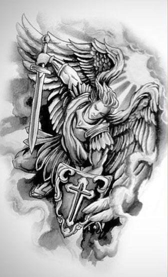 Religious Tattoo Sleeves, Angel Warrior Tattoo, Christus Tattoo, Guardian Angel Tattoo Designs, Archangel Michael Tattoo, St Michael Tattoo, Tattoo Sleeve Ideas, Guardian Angel Tattoo, Archangel Tattoo