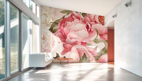 Boho Peony wallpaper mural ➡ 100% PVC-free and non-toxic Peony Mural, Premium Wallpaper, Romantic Wallpaper, Peony Wallpaper, Botanical Design, Hallway Kitchen, White Bird, Blue Bedroom, Room Hallway