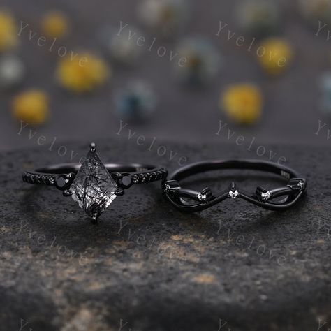 Retro Kite Black Rutilate Quartz Engagement Ring,vintage Black Silver Ring Set,unique Black Spinel Diamond Promise Ring Anniversary Gift - Etsy Black Unique Engagement Rings, Black Ring With Diamond, Jasper Ring Engagement, Black Wedding Rings For Women Unique, Black Diamond Engagement Ring Vintage Unique, Fall Engagement Rings, Engagement Ring Goth, Black Engagement Rings Diamond, Black Wedding Ring Set For Women