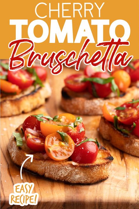 Cherry Tomato Bruschetta is a simple and delicious appetizer for summer entertaining. With fresh tomatoes, fragrant basil, and grilled garlic toast, this easy recipe makes a beautiful presentation. Cherry Tomato Bruschetta, Tomato Bruschetta Recipe, Grilled Garlic, Cherry Tomato Plant, Garlic Toast, Cherry Tomato Recipes, Bruschetta Toppings, Simple Family Meals, Fresh Tomato Recipes