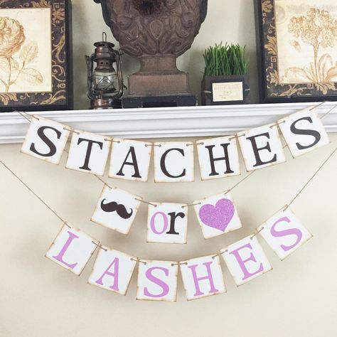 GENDER REVEAL Staches or Lashes Banner, Gender Reveal banner, Baby Shower Decor… Staches Or Lashes Gender Reveal, Staches Or Lashes, Rustic Baby Shower Decorations, Gender Reveal Banner, Gender Reveal Party Theme, Gender Reveal Themes, Baby Shower Treats, Baby Reveal Party, Gender Party