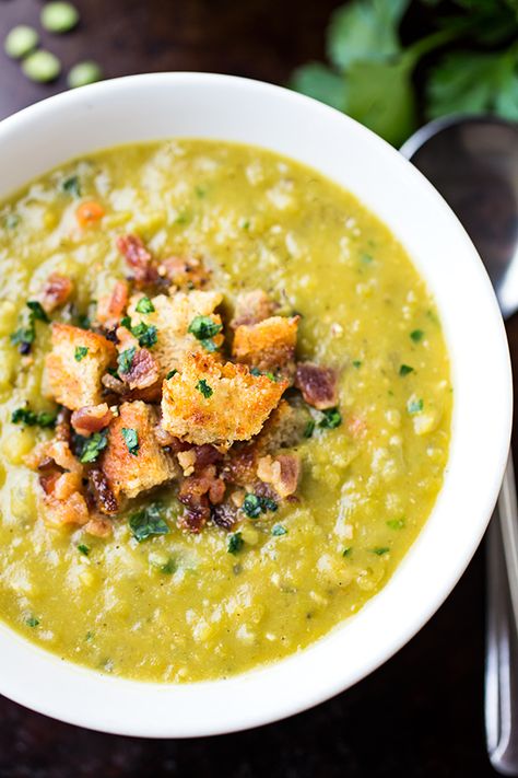 Hearty Split Pea Soup | thecozyapron.com Bacon Soup, Split Pea Soup, Pea Soup, Soup And Stew, Split Pea, Healthy Soup Recipes, Croutons, Healthy Soup, Delicious Soup