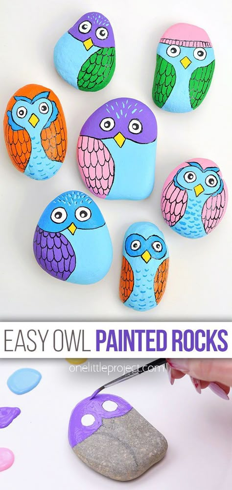 Rock Painting Owls Easy, Owl Painted Rocks Easy, Painted Rock Owl, Owl Rocks Painted Stones, Rock Painting For Kids Easy, Bird Rock Painting Ideas, Owl Rock Painting Easy, Rock Painting Ideas Easy Step By Step, Painted Rocks Diy Easy