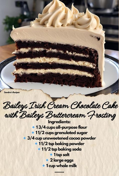 ￼  Baileys Irish Cream Chocolate Cake with Baileys Buttercream Frosting  Ingredients: 🔹 1 3/4 cups all-purpose flour 🔹 1 1/2 cups granulated sugar 🔹 3/4 cup unsweetened cocoa powder 🔹 1 1/2 tsp baking powder 🔹 1 1/2 tsp baking soda 🔹 1 tsp salt 🔹 2 large eggs 🔹 1 cup whole milk 🔹 1/2 cup vegetable oil 🔹 2 tsp vanilla extract 🔹 1 cup boiling water 🔹 1/2 cup Baileys Irish Cream For Baileys Buttercream Frosting: 🔹 1 cup unsalted butter, softened 🔹 4 cups powdered sugar 🔹 1/4 cup Baileys Irish Cream 🔹 2 tsp vanilla extract 🔹 2-3 tbsp heavy cream (optional)  Instructions:  🎂 Preheat oven to 350°F (175°C). Grease and flour two 9-inch round cake pans. 🎂 In a large bowl, combine flour, sugar, cocoa powder, baking powder, baking soda, and salt. 🍶 Add eggs, milk, oil, and vanilla Chocolate Irish Cream Cake, Baileys Chocolate Cake, Baileys Cake Recipe, Irish Cream Chocolate Cake, Baileys Irish Cream Frosting, Baileys Irish Cream Cake, Baileys Buttercream, Cream Chocolate Cake, Irish Cream Frosting