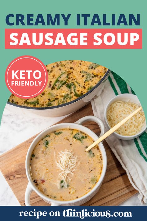 Looking for a healthy low-carb and keto-friendly soup that also is packed with flavor? Oh, and did I mention it's also super easy to make? Don't miss out on our delicious family favorite recipe, Creamy Italian Sausage Soup. It's filled with meat, spinach, cheese and just the right amount of seasonings. Give it a try, it will be sure to make your list of repeat recipes. Keto Italian Sausage Soup, Italian Sausage Spices, Keto Italian, Keto Soups, Homemade Soups, Keto Kitchen, Italian Sausage Soup, Italian Sausage Recipes, Soup Appetizers